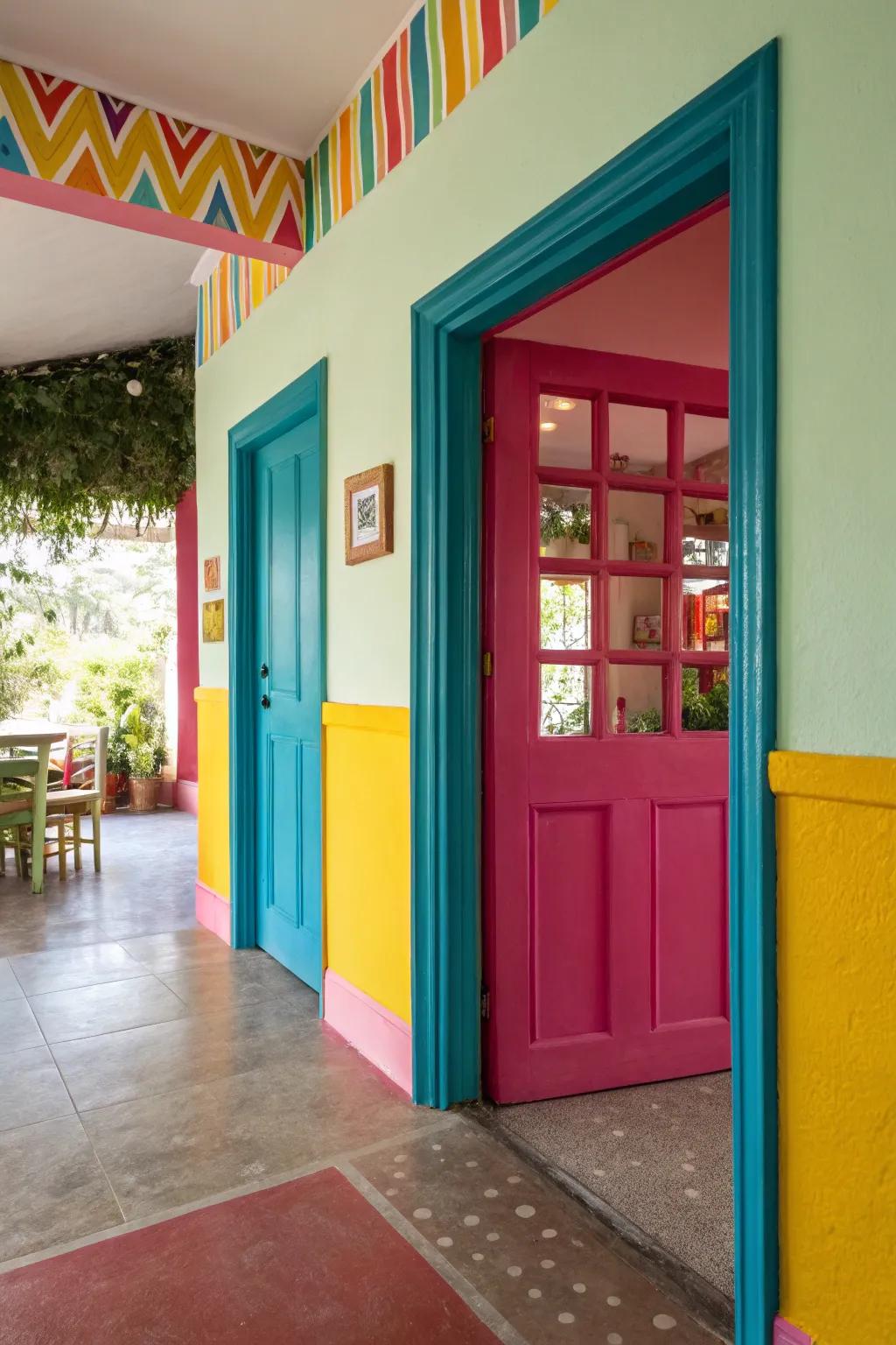 Contrasting colors in door trim make a bold statement in this vibrant room.