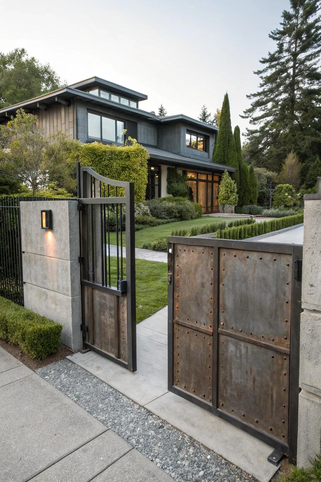 An industrial chic gate that complements a modern urban aesthetic.