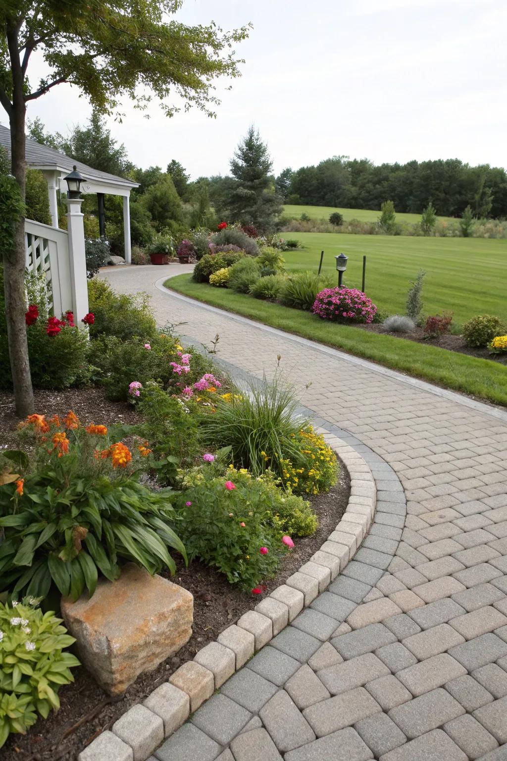 Seamless integration of paver design and garden borders for a harmonious look.