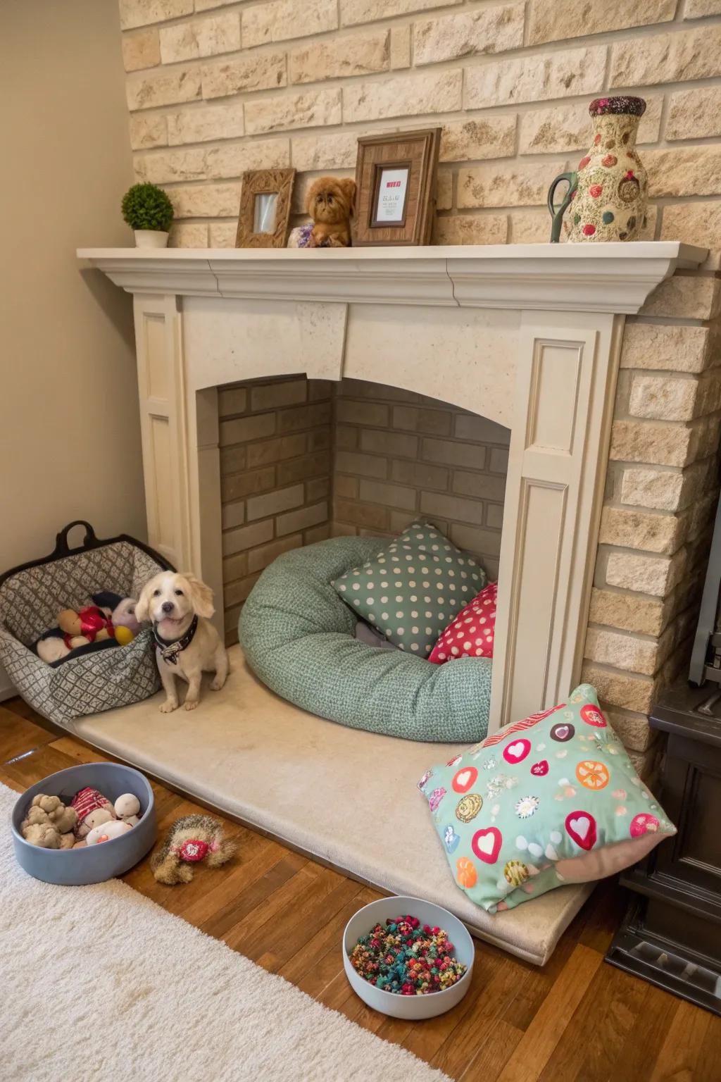 Create a cozy pet nook in your fireplace.