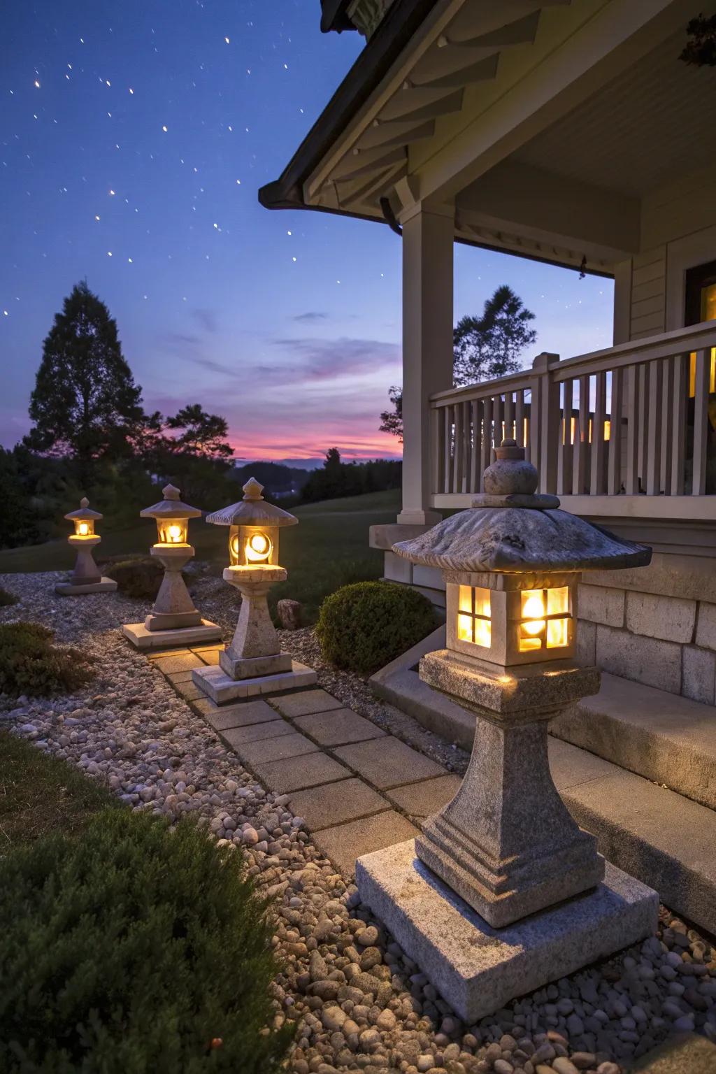 Enchanting stone lanterns that add light and charm to the porch.