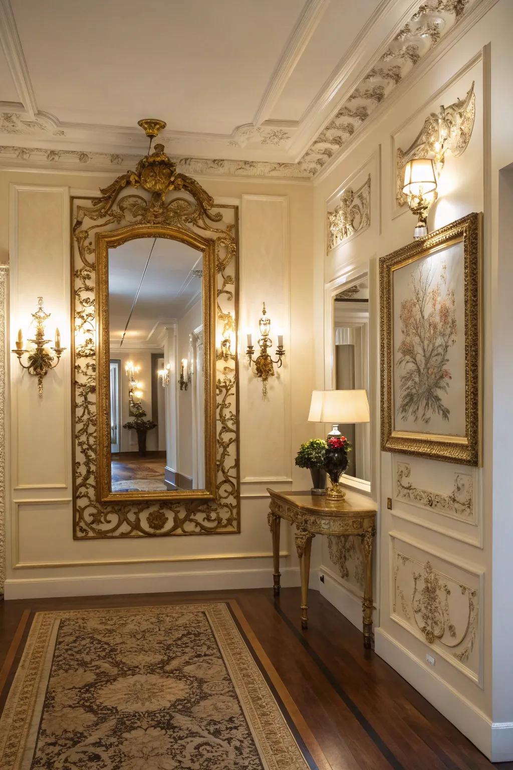 A gold-framed mirror brings timeless elegance to the entryway.