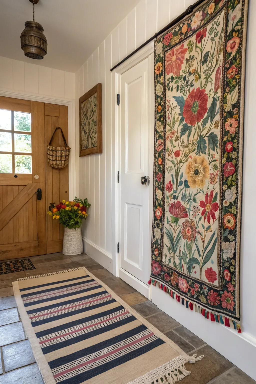 Mixing patterns and textures creates a dynamic entryway design.