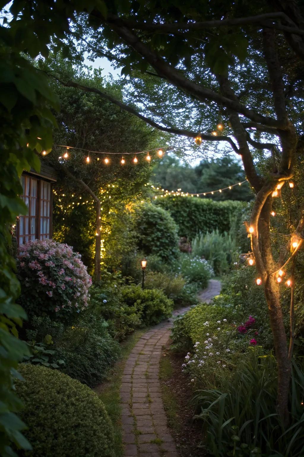 Fairy lights in shrubs evoke a secret garden atmosphere.