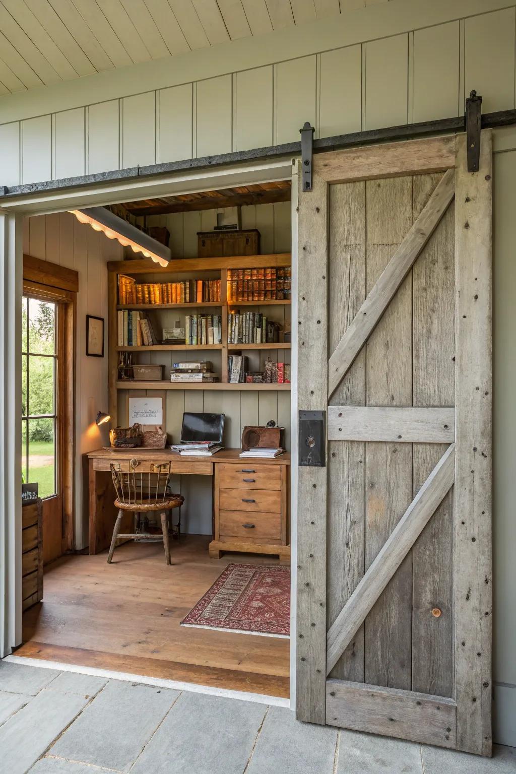 A sliding barn door that adds rustic charm.