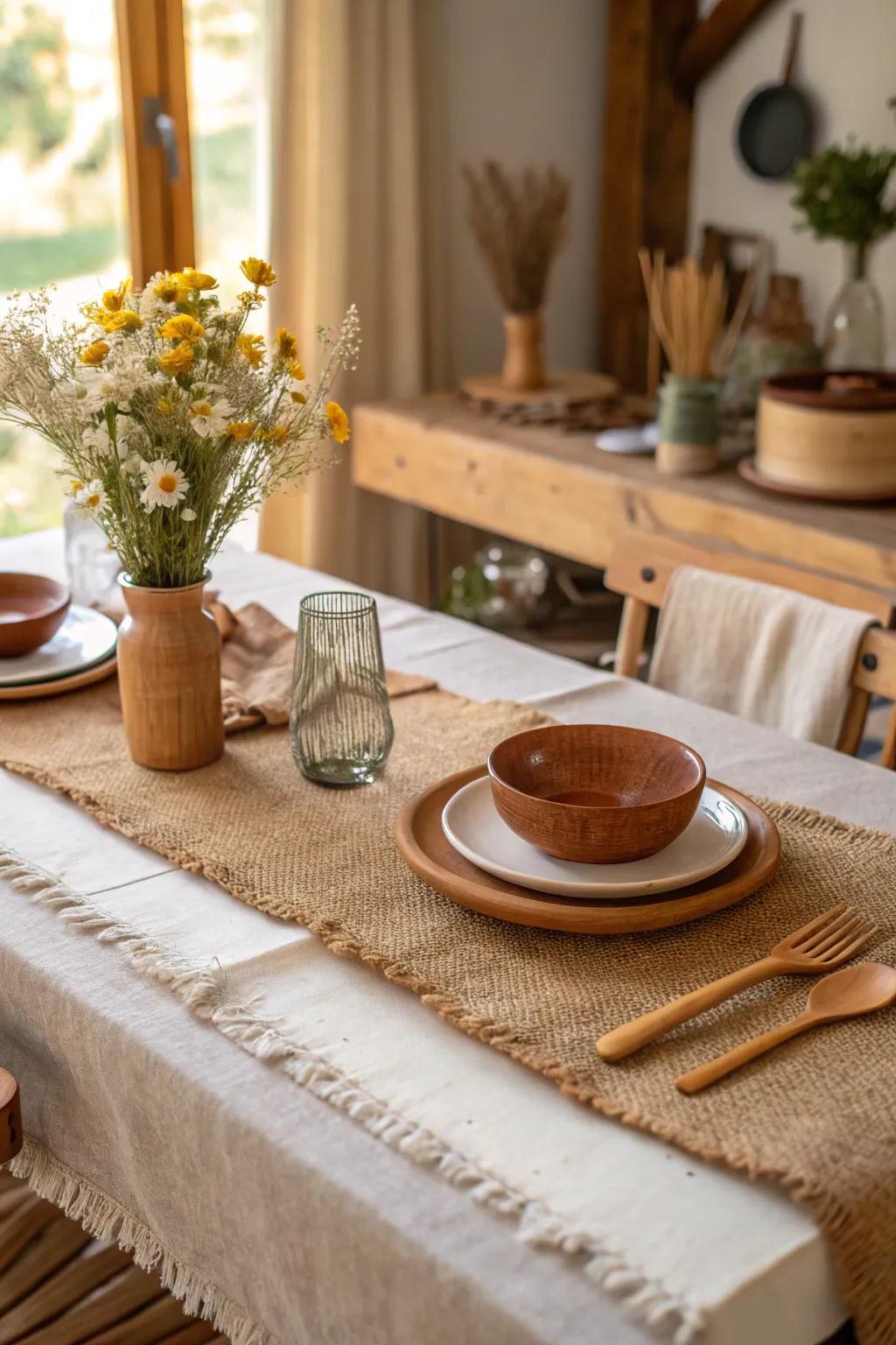 Burlap accents adding rustic texture to the table.