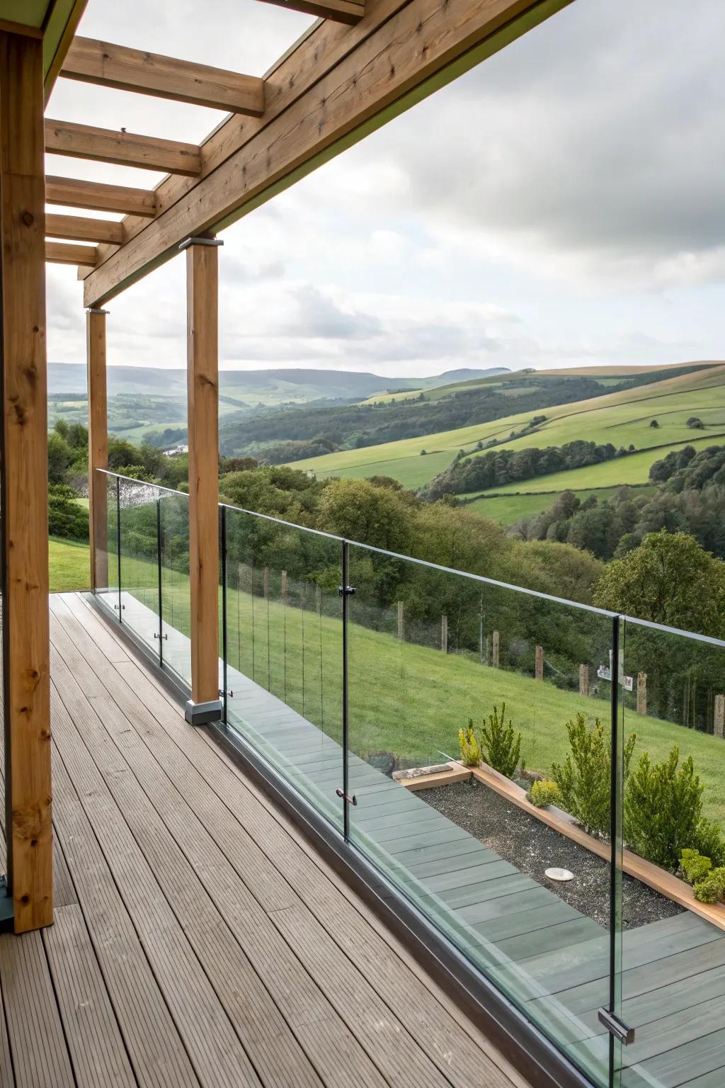 Clear views: Glass panels in deck railing.