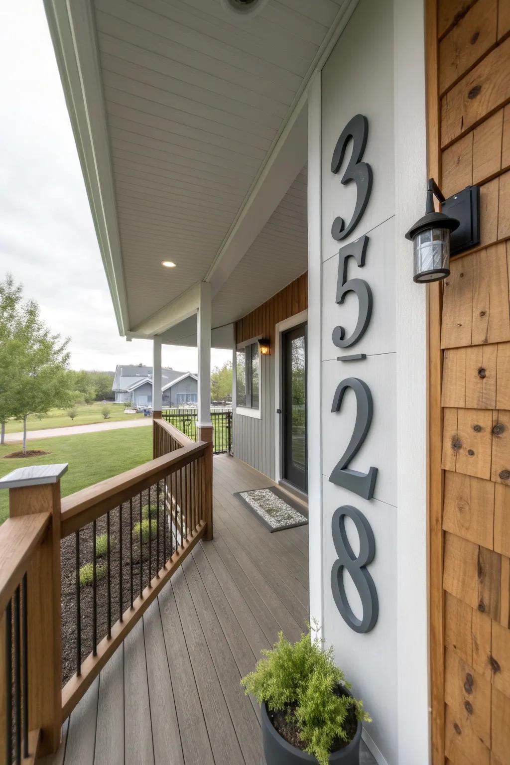 Grandiose modern domicile numerals are affixed upon a front porch partition.