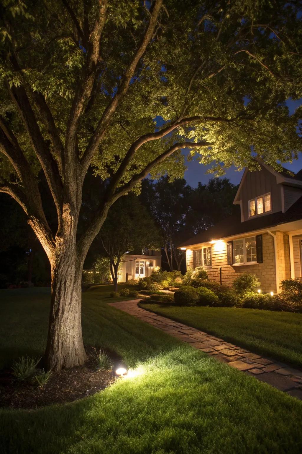 Landscape lighting highlights the tree and adds ambiance to your yard.