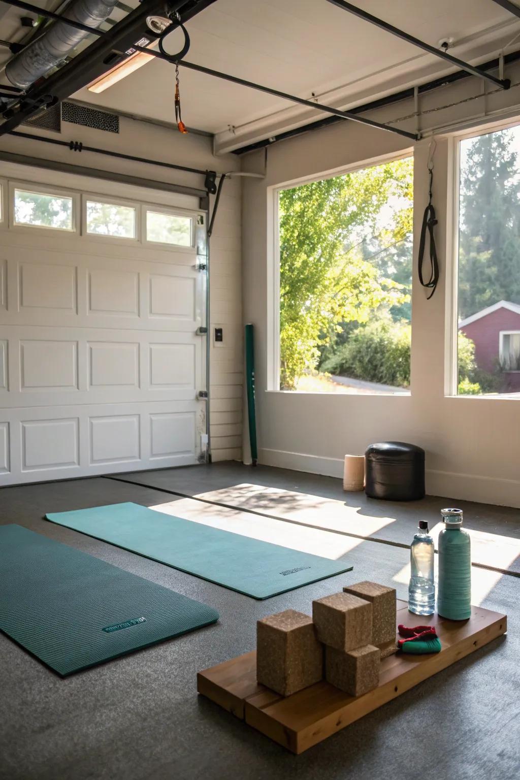 A dedicated yoga and stretching zone provides a tranquil space for mindfulness.