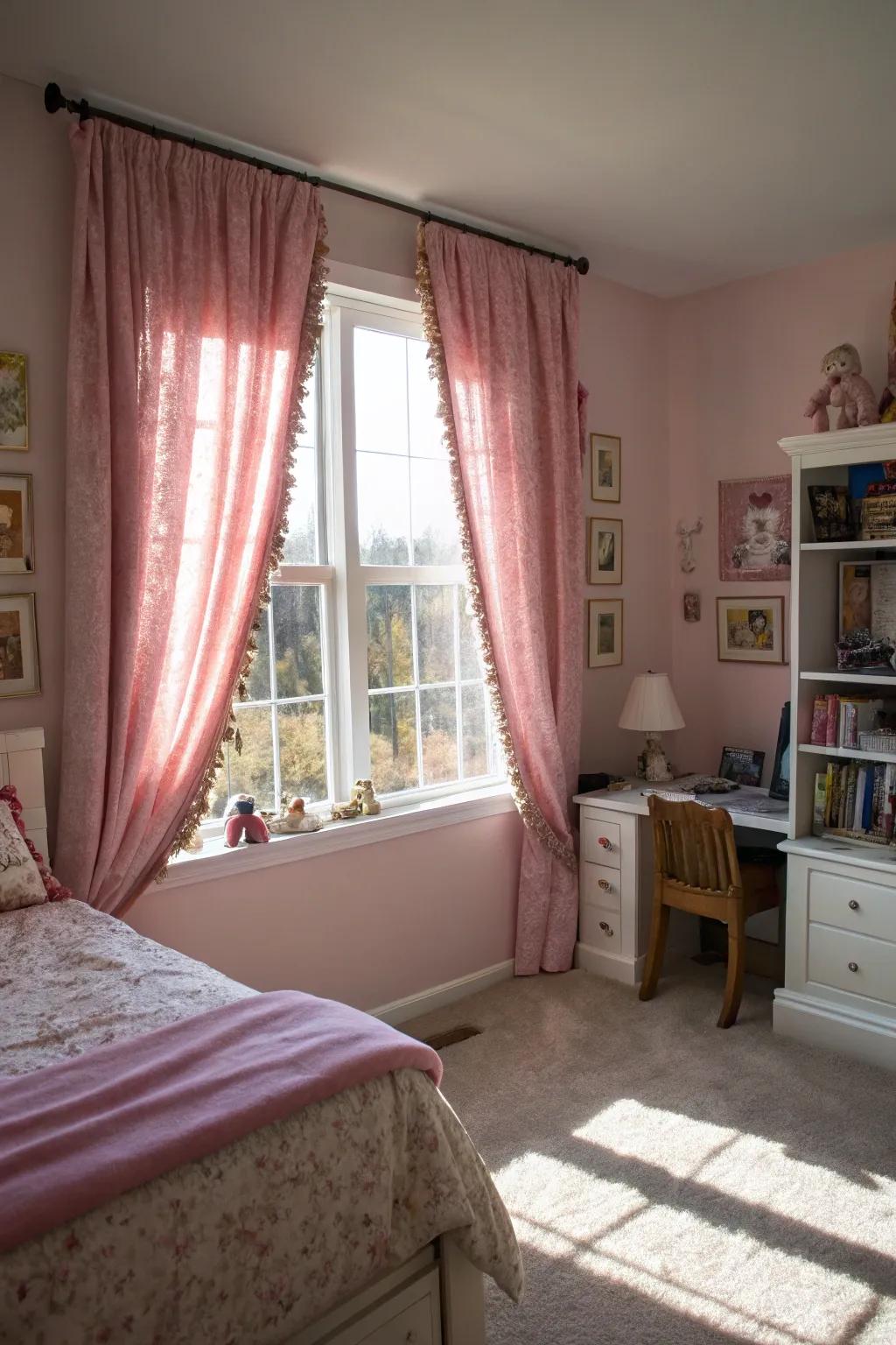 Pink velvet curtains add luxury and warmth.