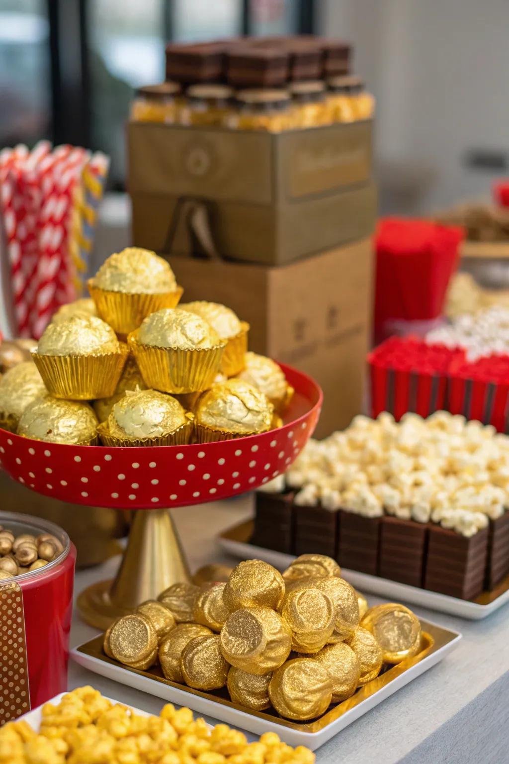 A tempting golden snack buffet for guests to enjoy.