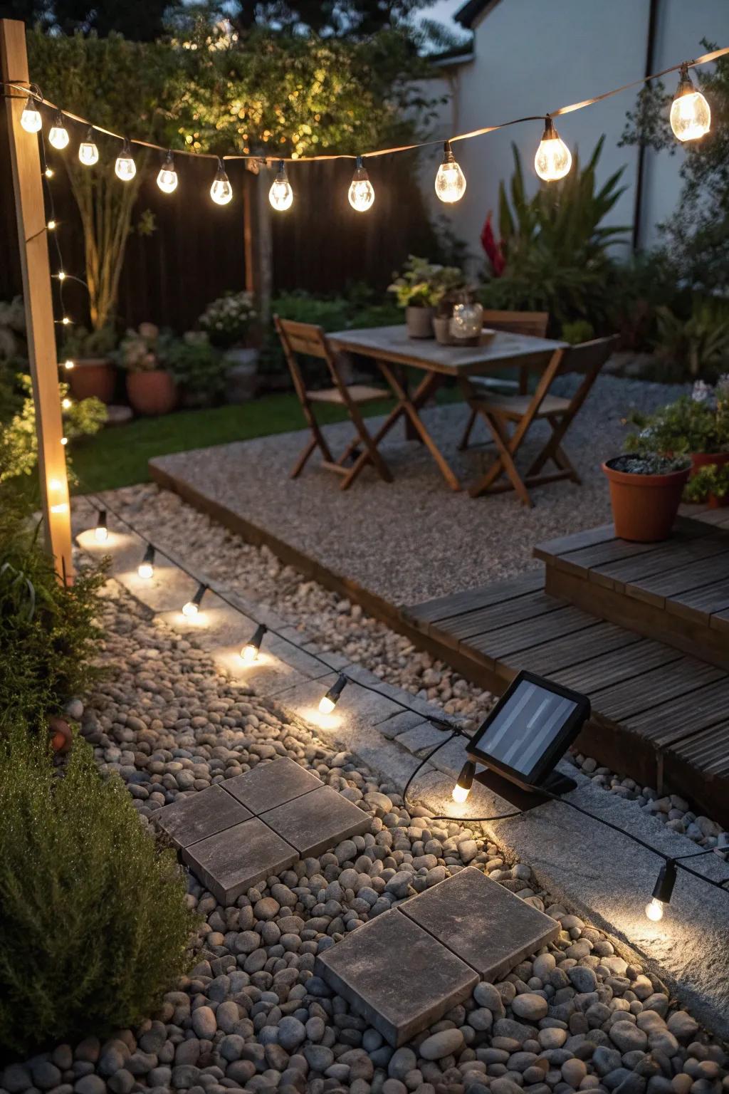 A gravel patio beautifully lit with outdoor lighting, creating an enchanting atmosphere.