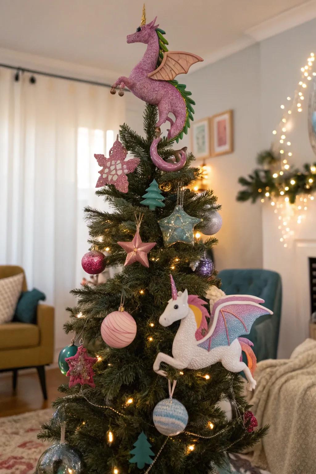 A fairy tale-inspired Halloween tree featuring mythical entities.