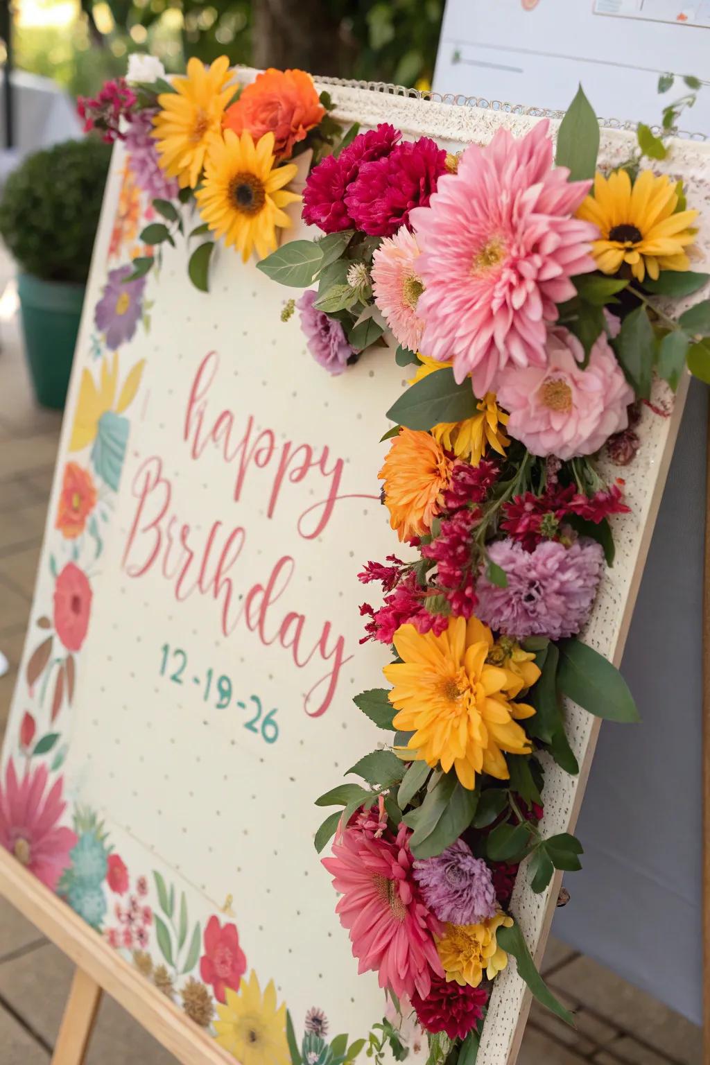 A vibrant floral-themed birthday display brimming with blossoming splendor.