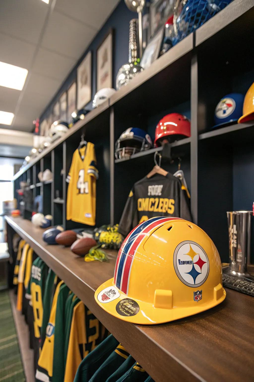 A hard hat proudly displaying sports team loyalty.