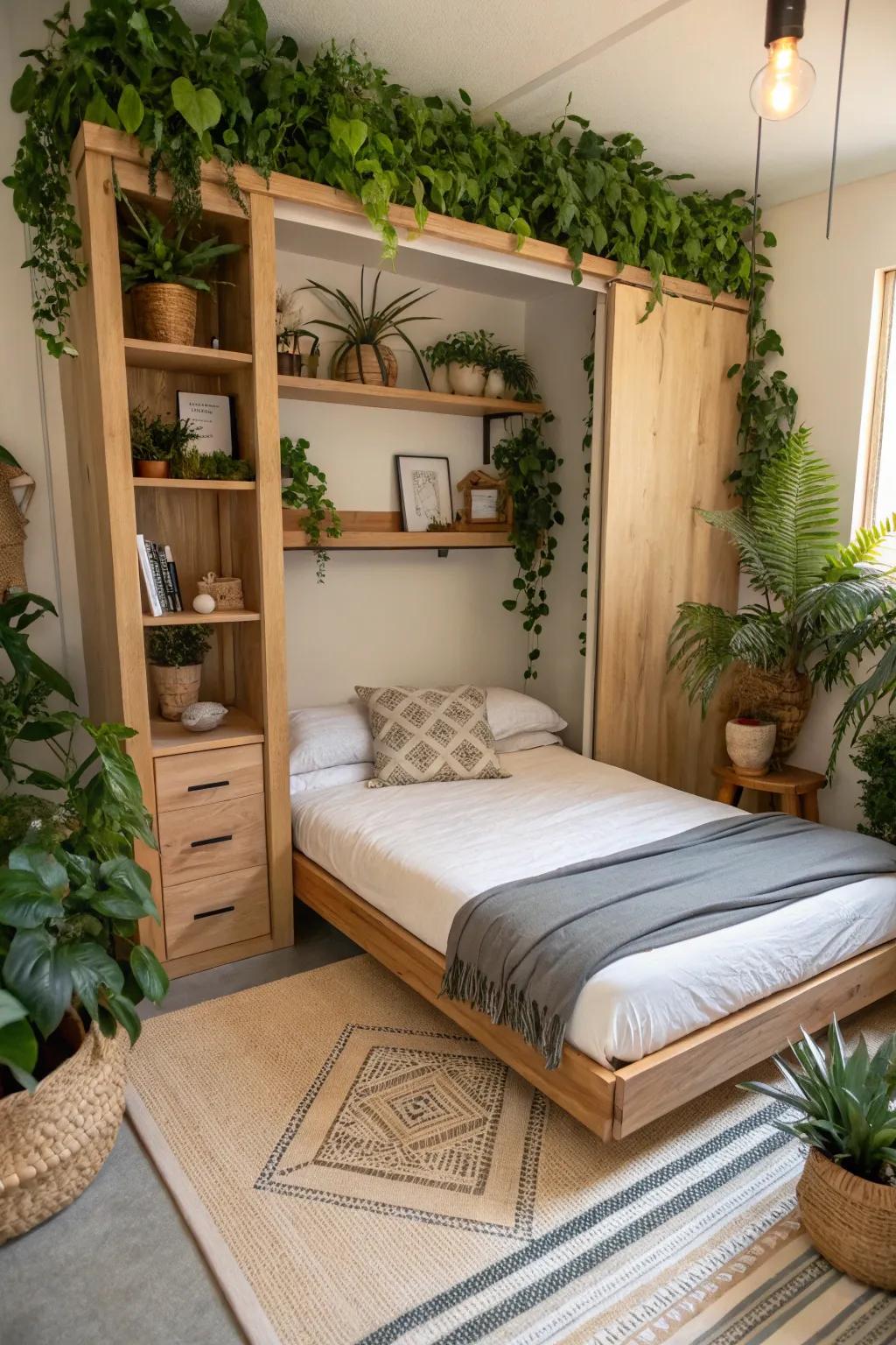 An urban jungle setup with a Murphy bed, bringing a refreshing touch of nature indoors.