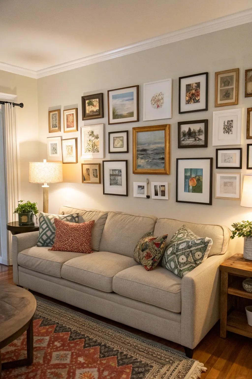 Photographic arrangements above seating optimize the perception of vertical space.