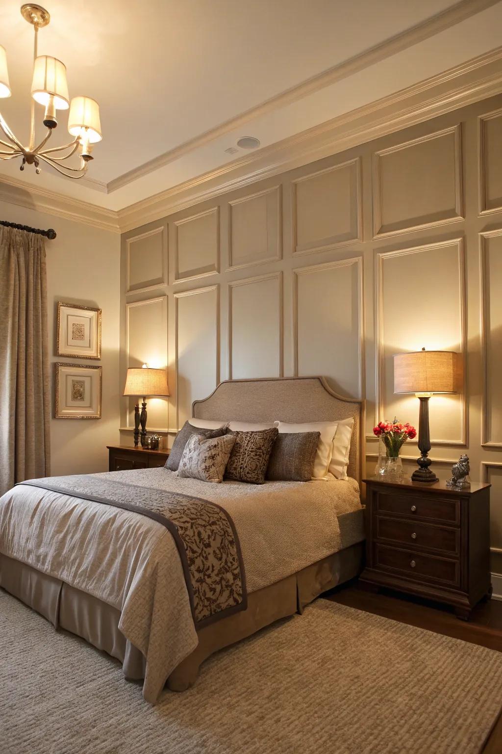 Bedroom accent wall with panel moldings creates a stunning focal point.