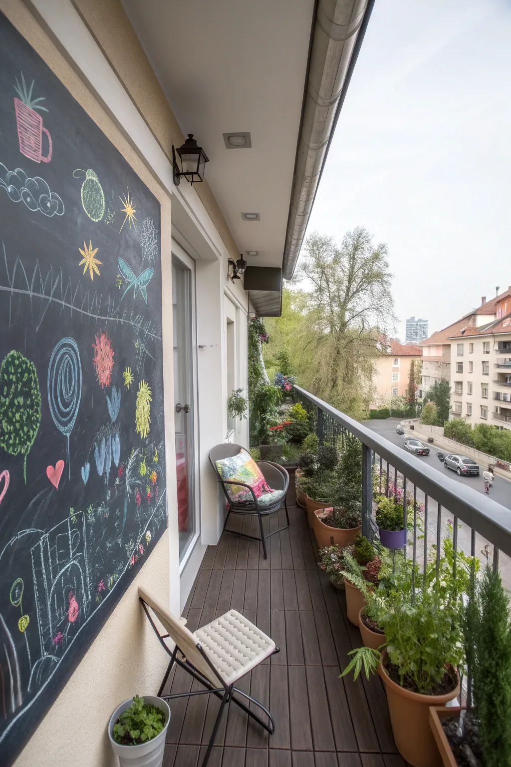 A chalkboard wall sparks creativity and fun on the balcony.