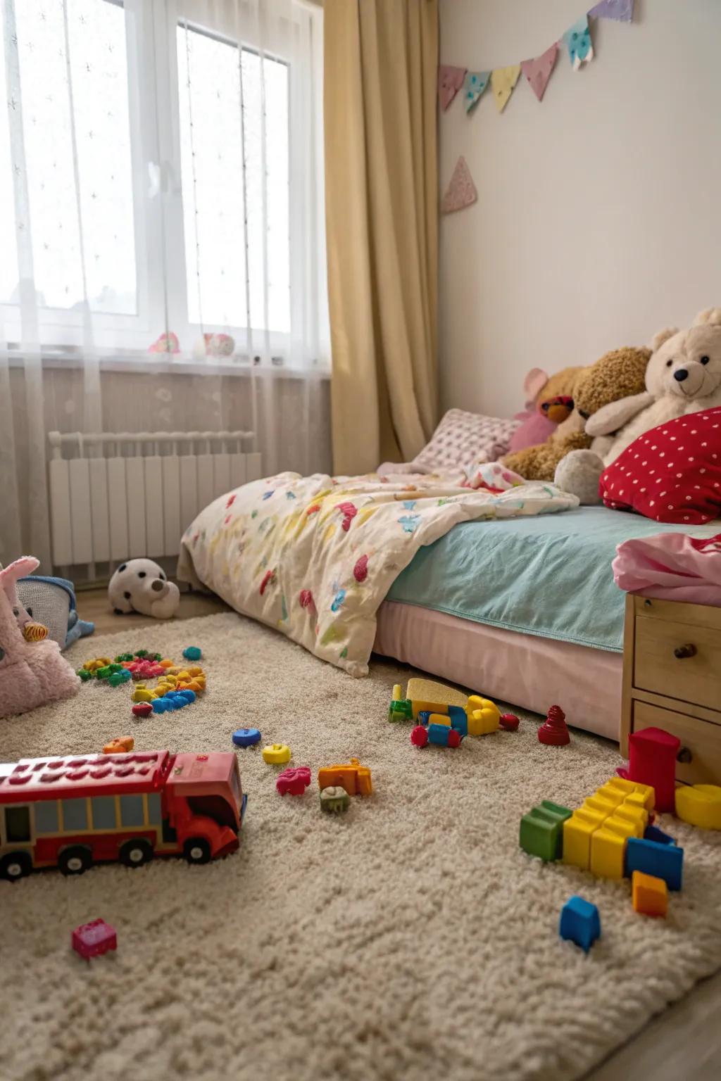 Soft carpeting transforms the floor into a play-friendly zone.