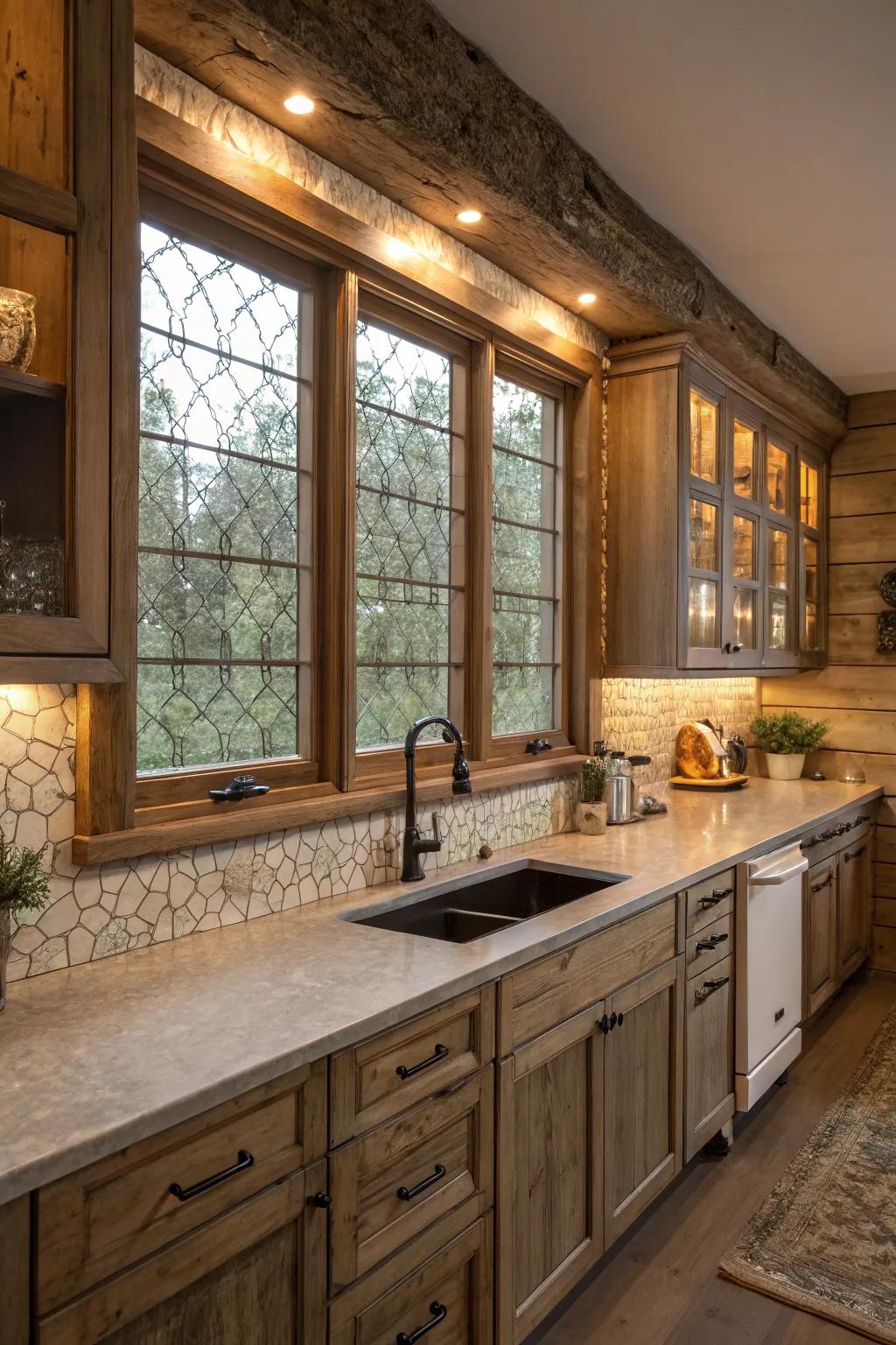 Textured window frames add depth and character to the kitchen's overall design.