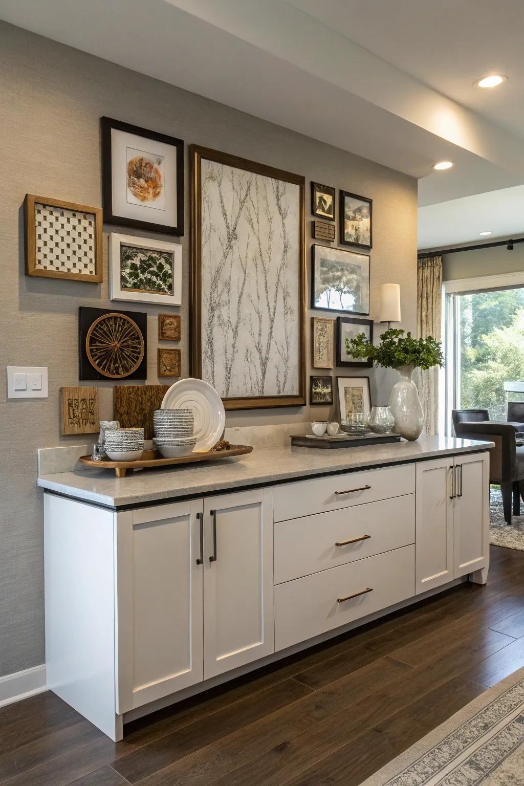 Layered wall artistry overhead the sideboard incorporates profundity and panache.