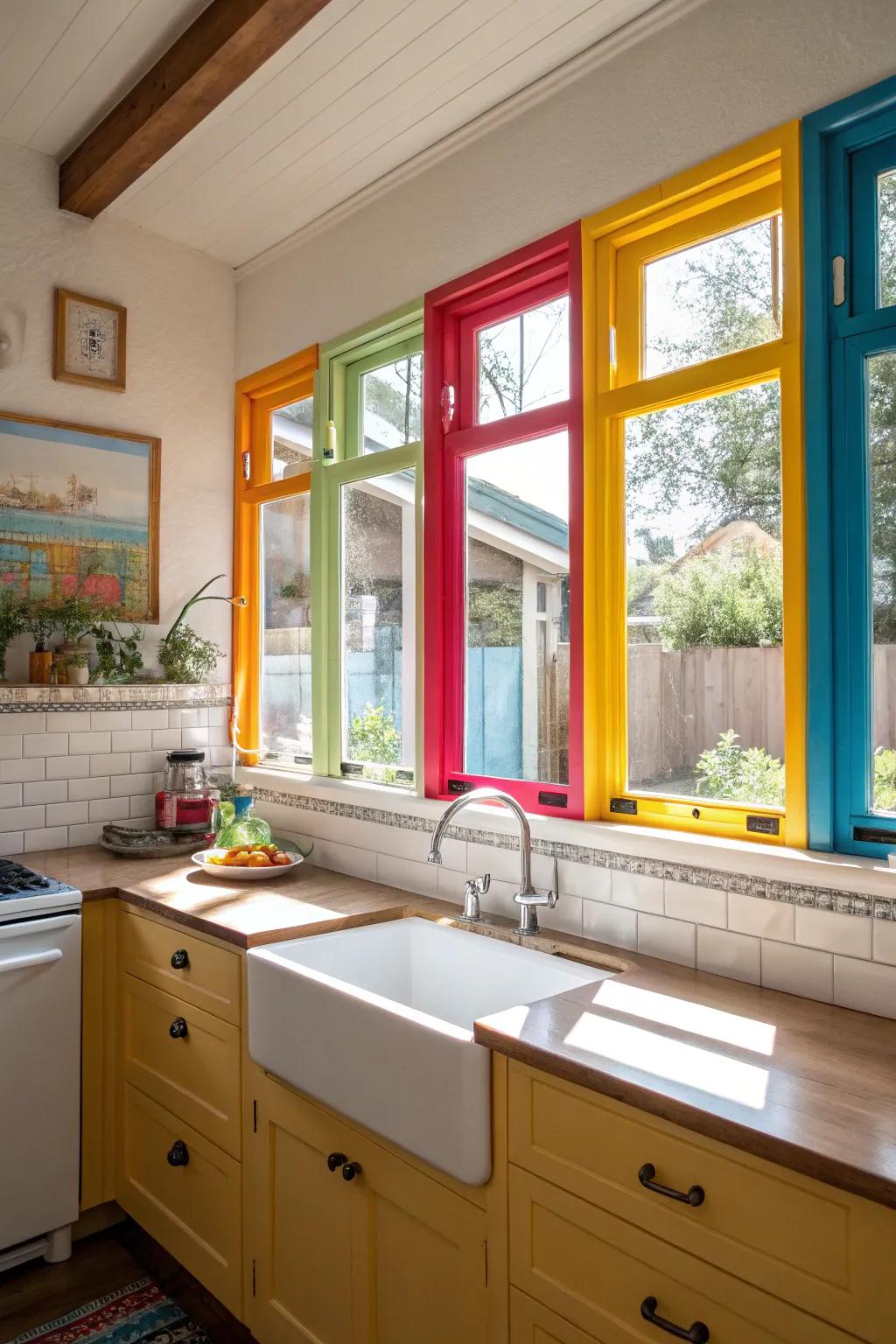 A kitchen with eye-catching colorful window frames.