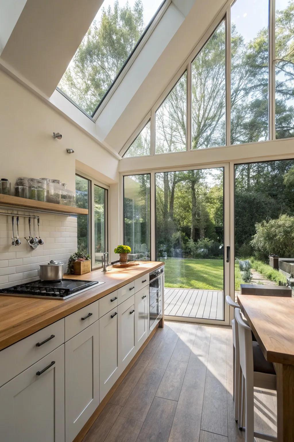 A wall of glass connects this kitchen with its natural surroundings.