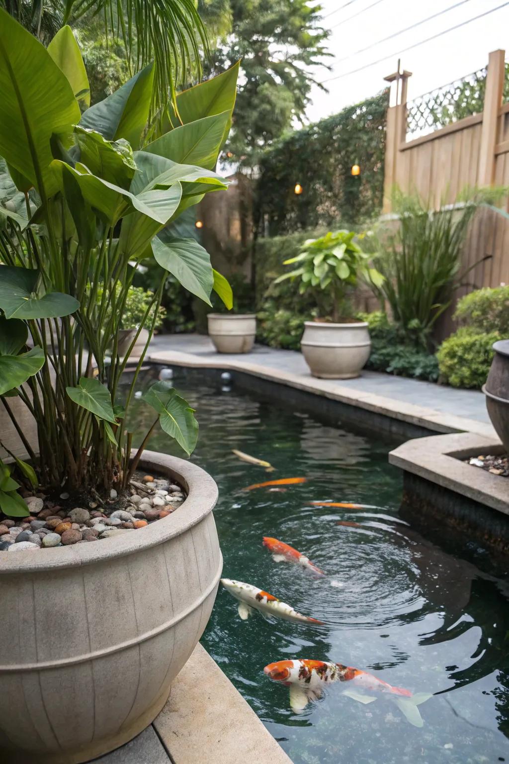 A koi pond with potted plants providing flexible shading.