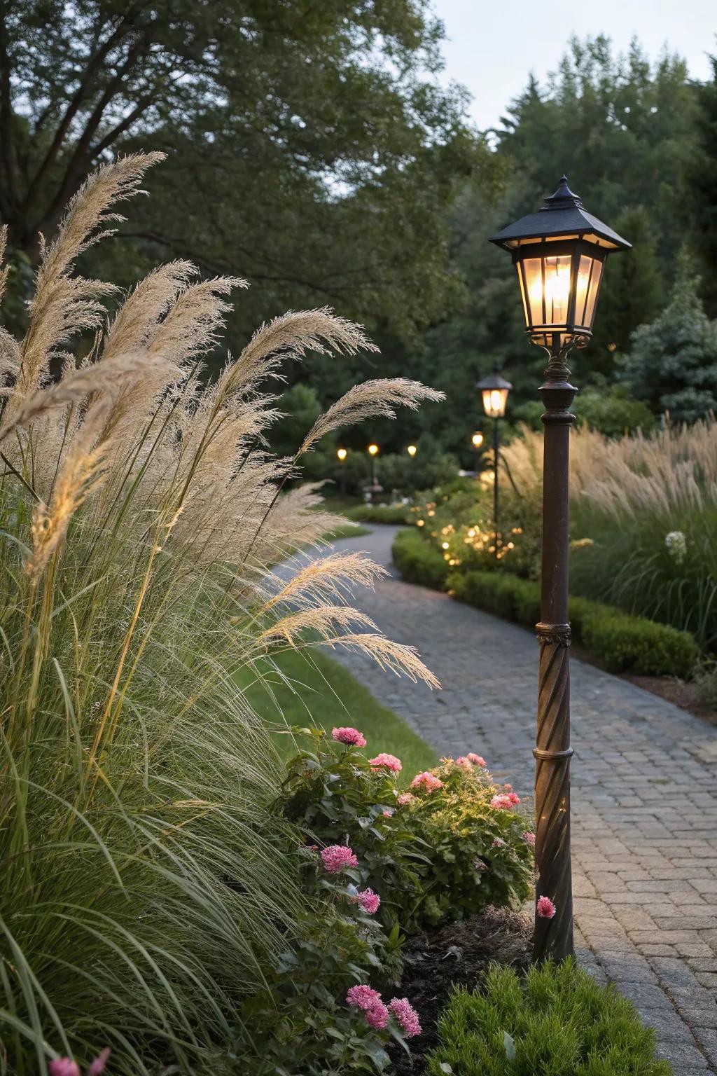 Ornamental grasses adding texture to a lamp post landscape.