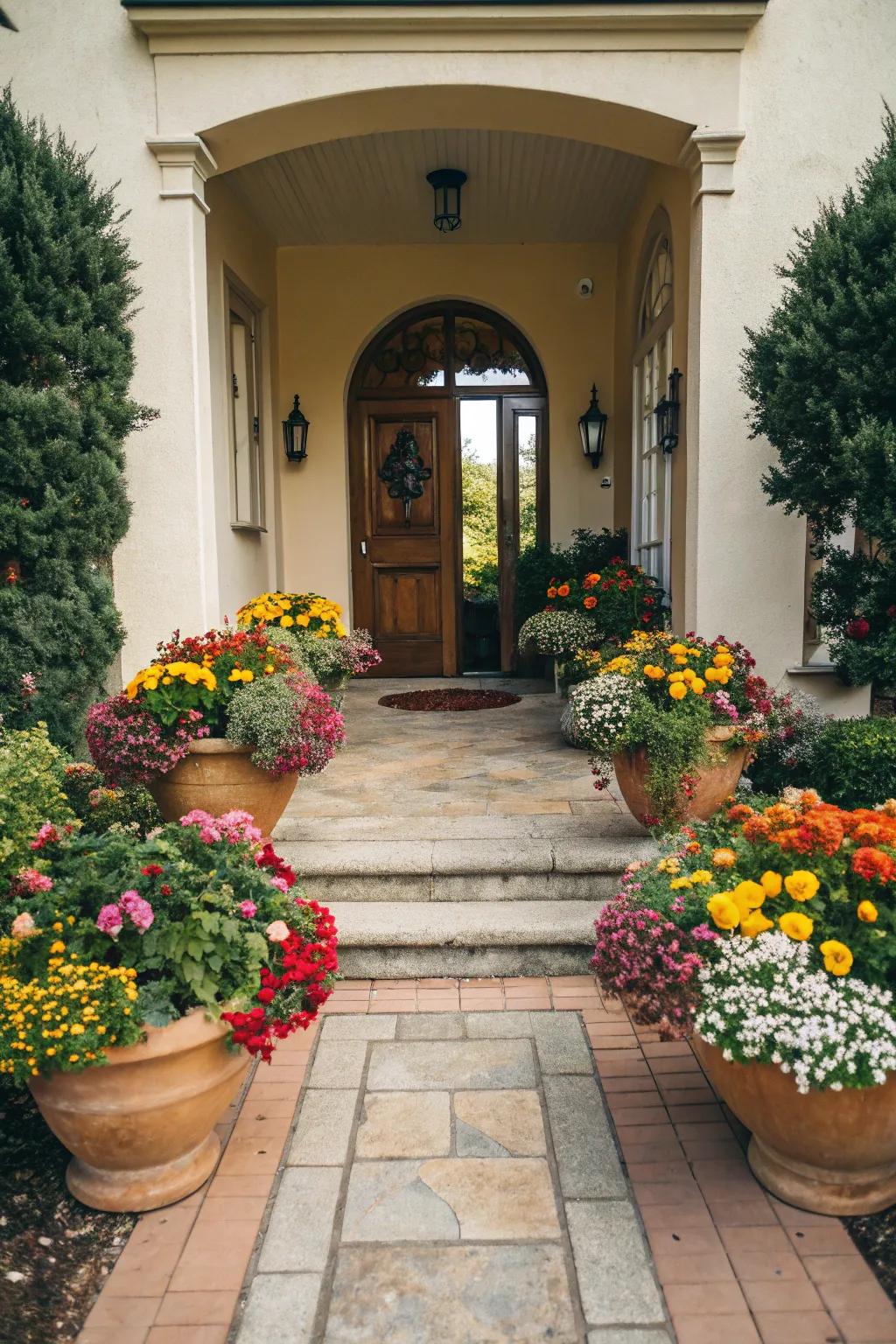 Brighten your entrances with vibrant pot arrangements.