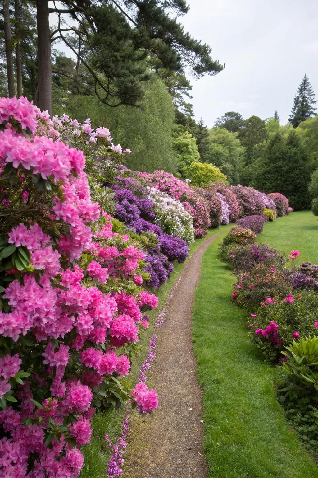 Rhododendrons creating a colorful border around garden beds.