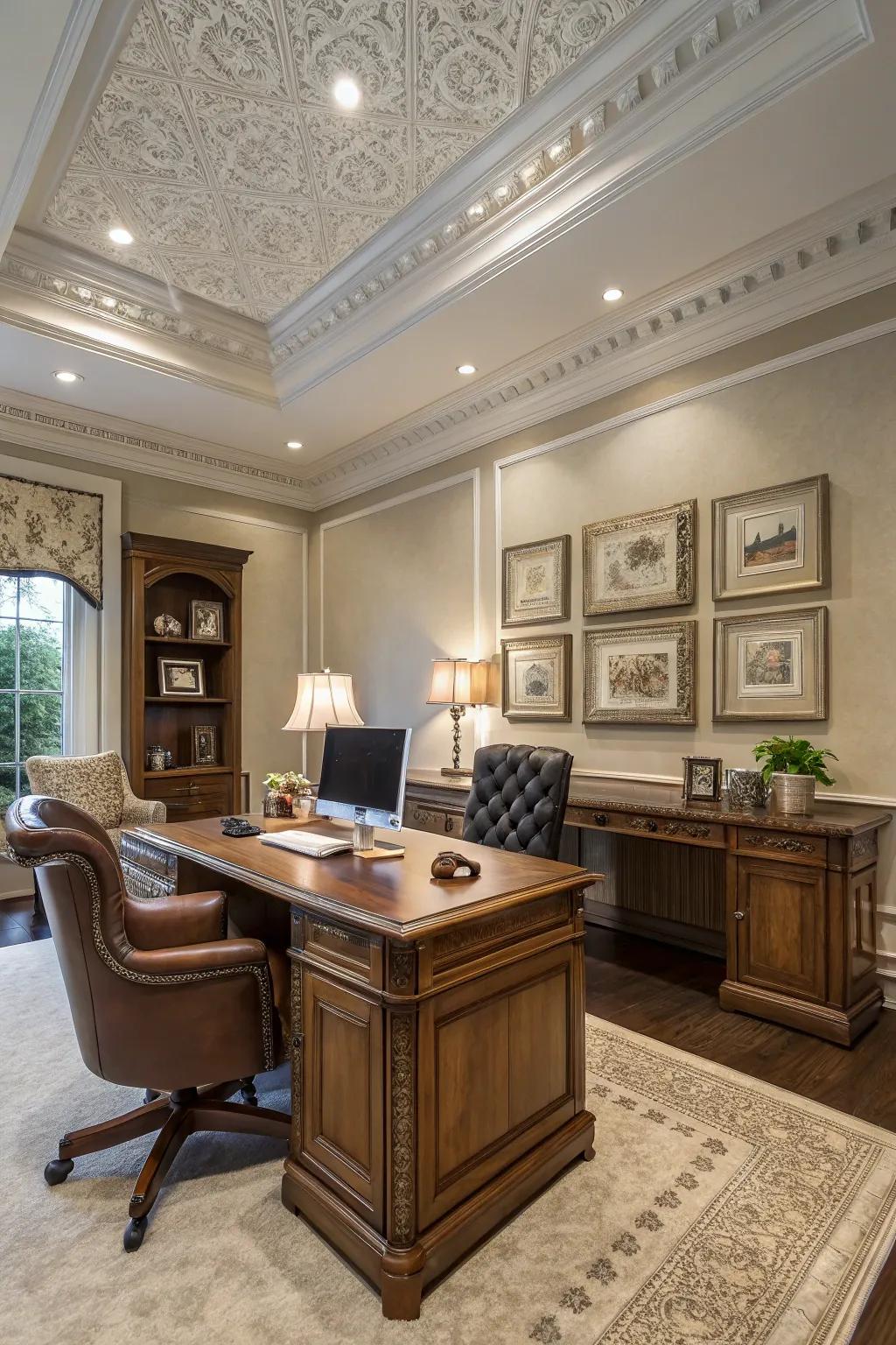 A sophisticated home office featuring large crown molding, providing a stylish workspace.