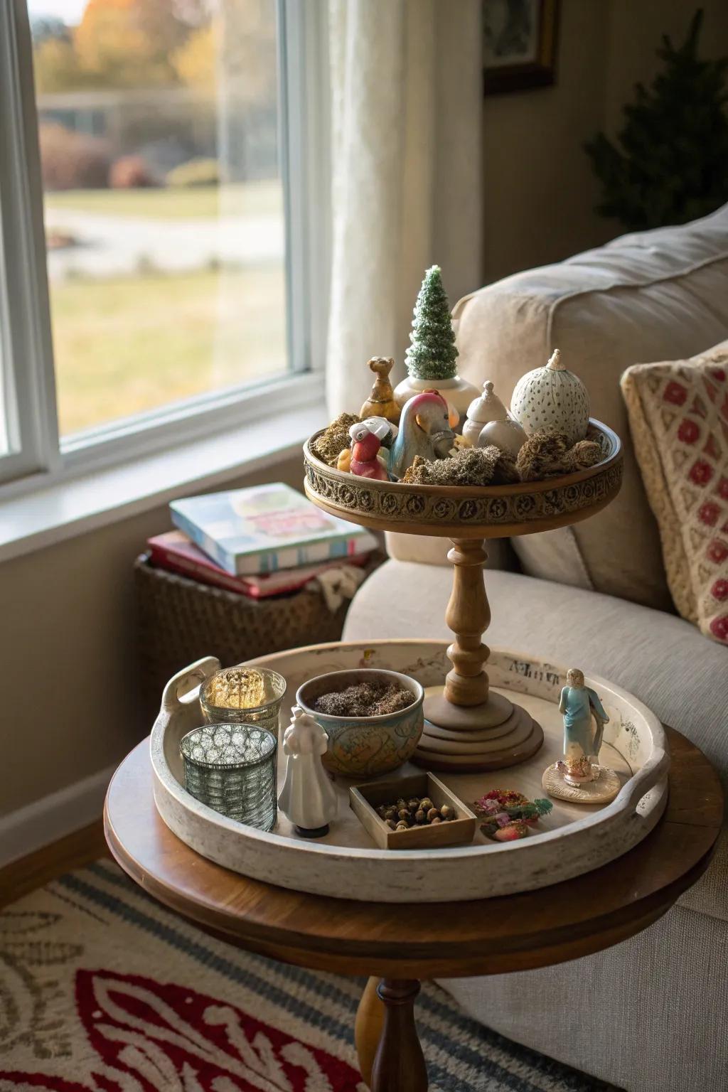 An artistic display of sculptures on a lazy Susan.