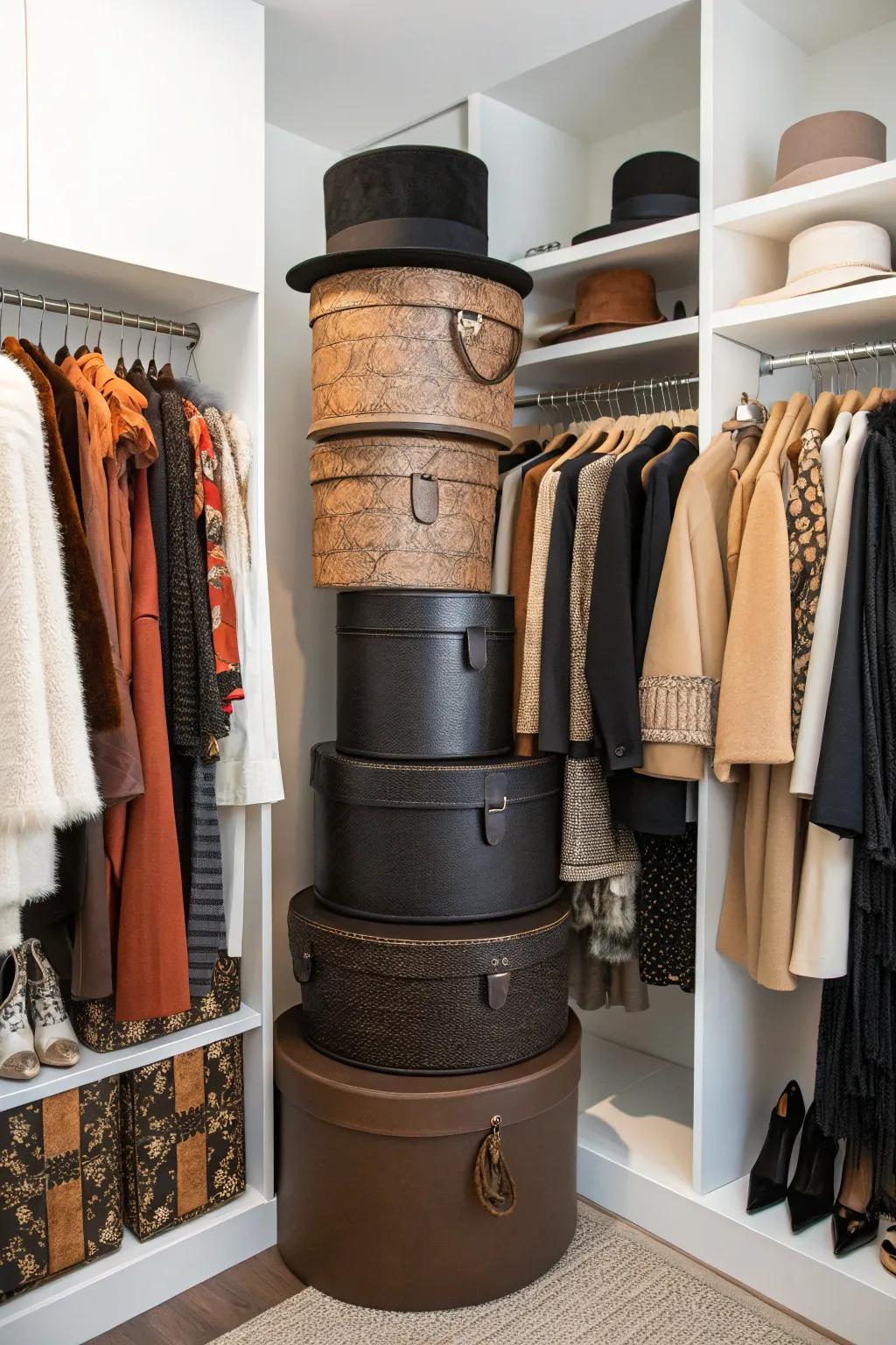 Leather hat boxes combine storage with elegance.