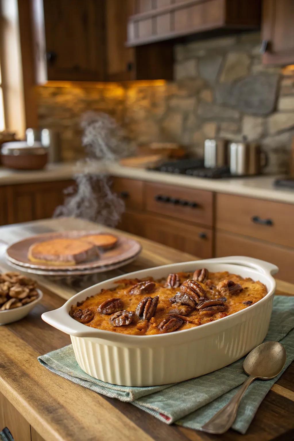 Savory sweet potato turkey casserole offers a unique combination of tastes.