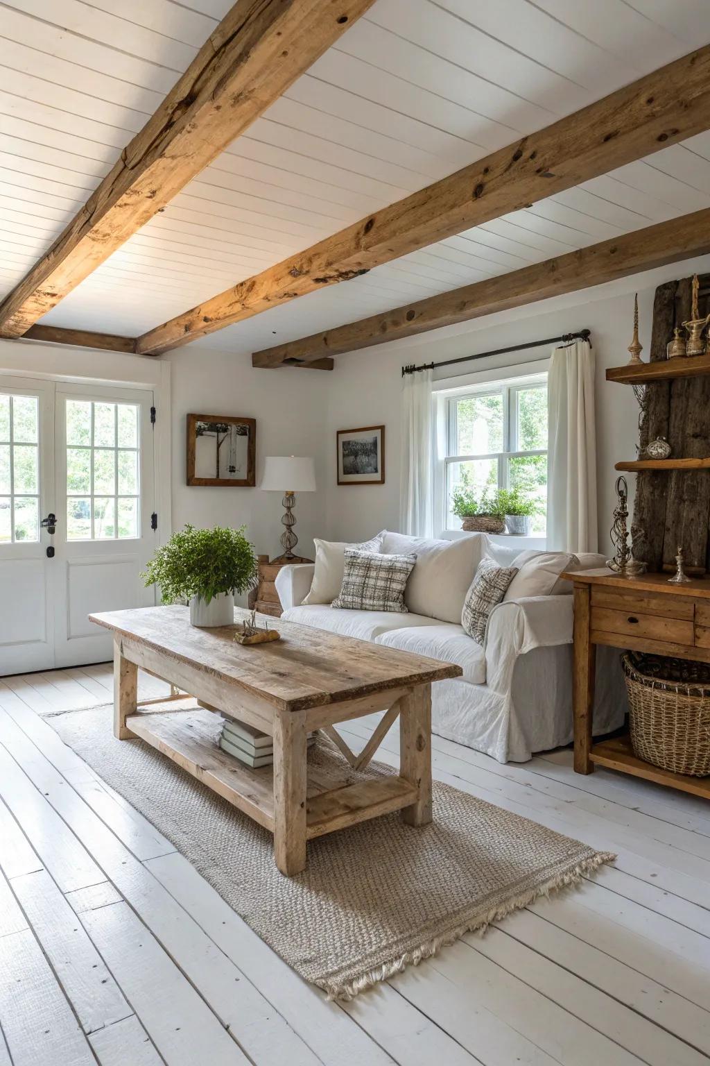 Rustic touches offer a cozy contrast to sleek white wood floors.