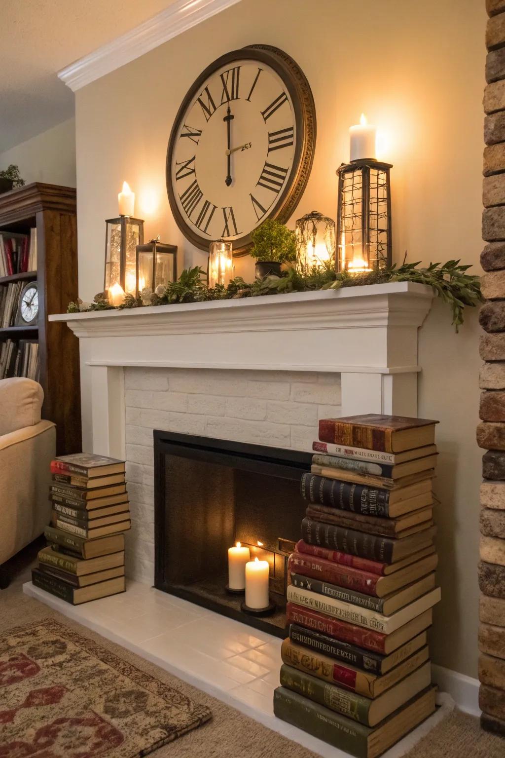 A cozy book nook on the mantel with a clock and books.