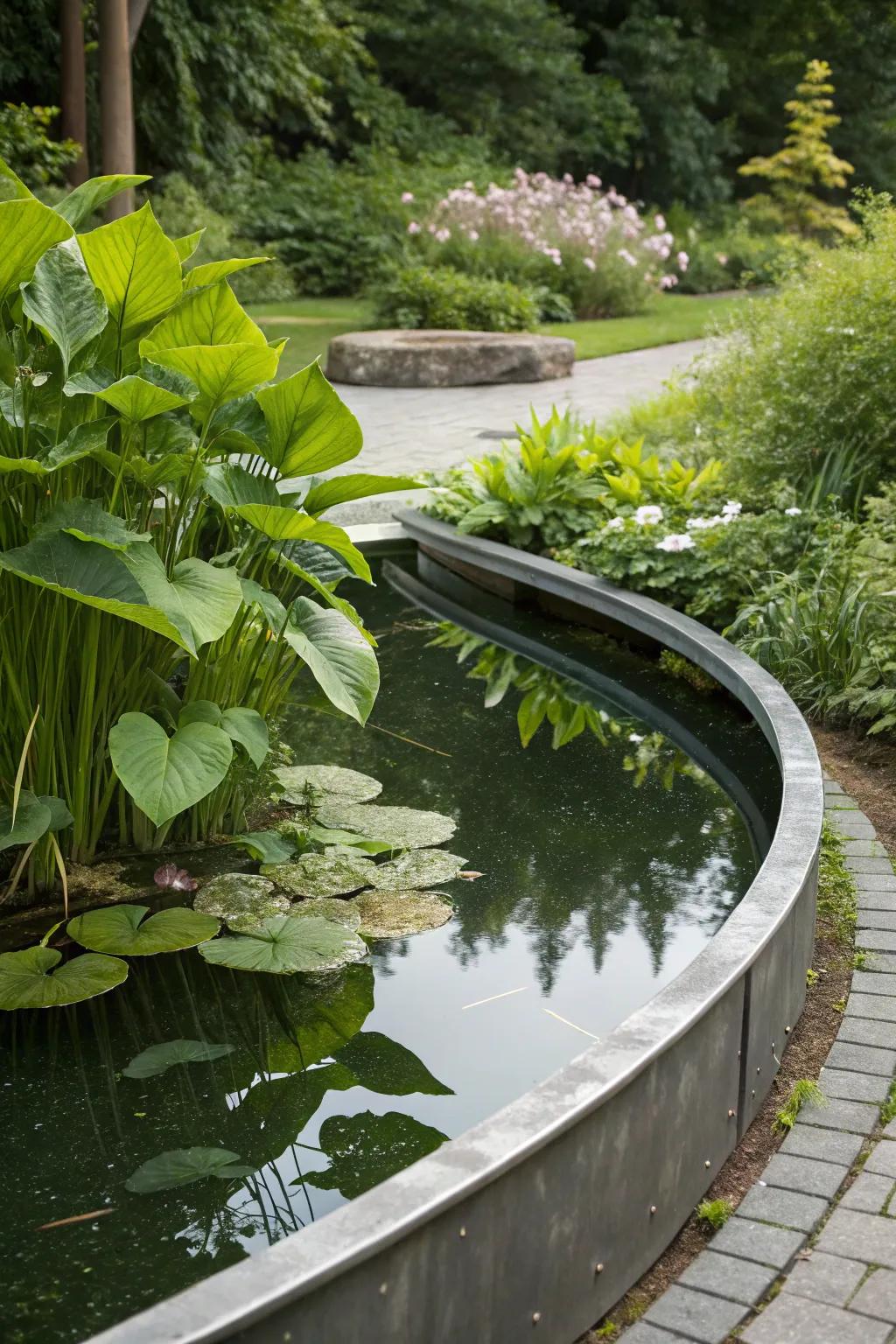 Metal edging defines and enhances garden pond areas.