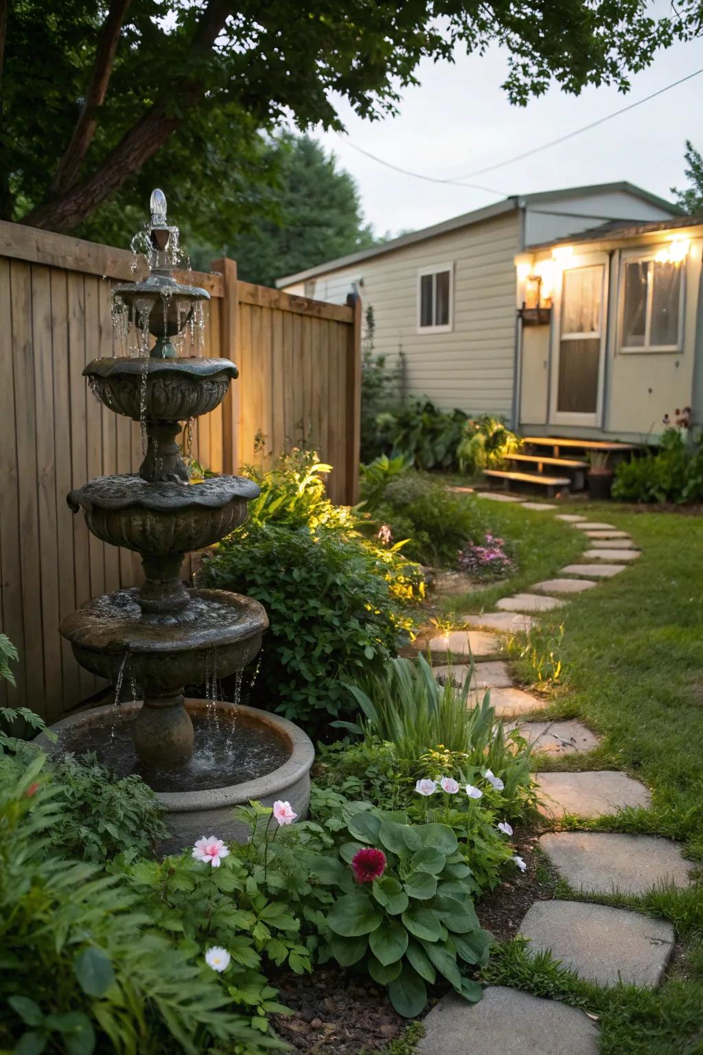 A small water fountain bringing tranquility to a mobile home garden.