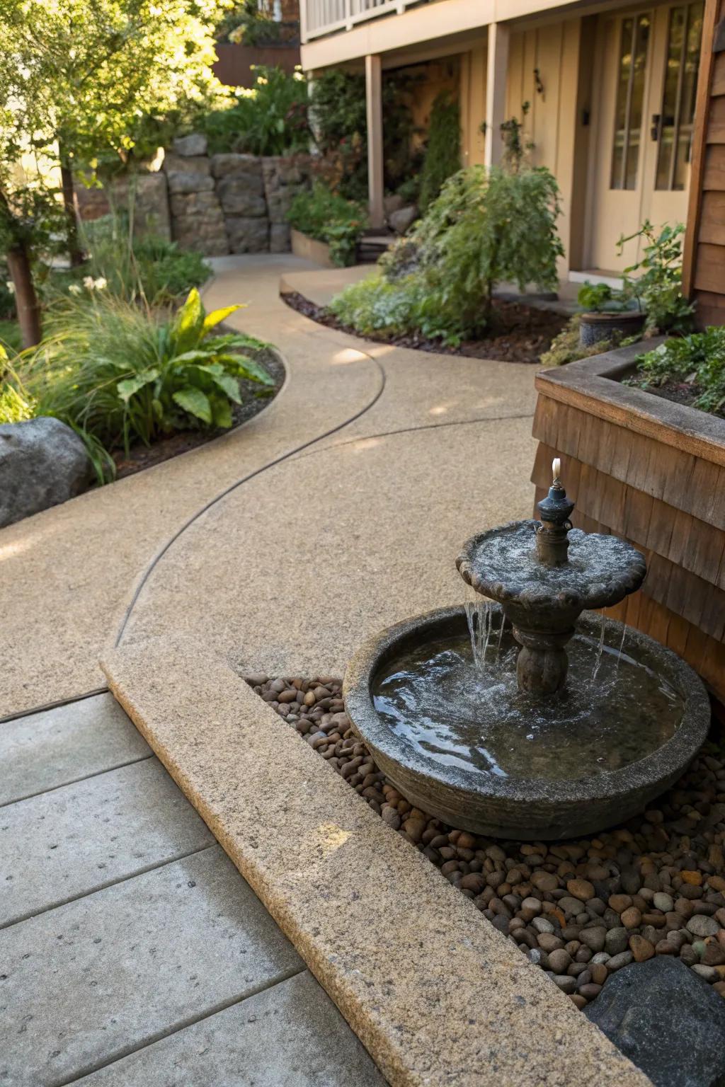 A water feature adds tranquility to the patio.