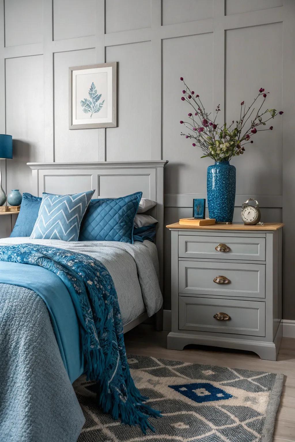 Monochrome grey with blue accessories adds sophistication to your bedroom.