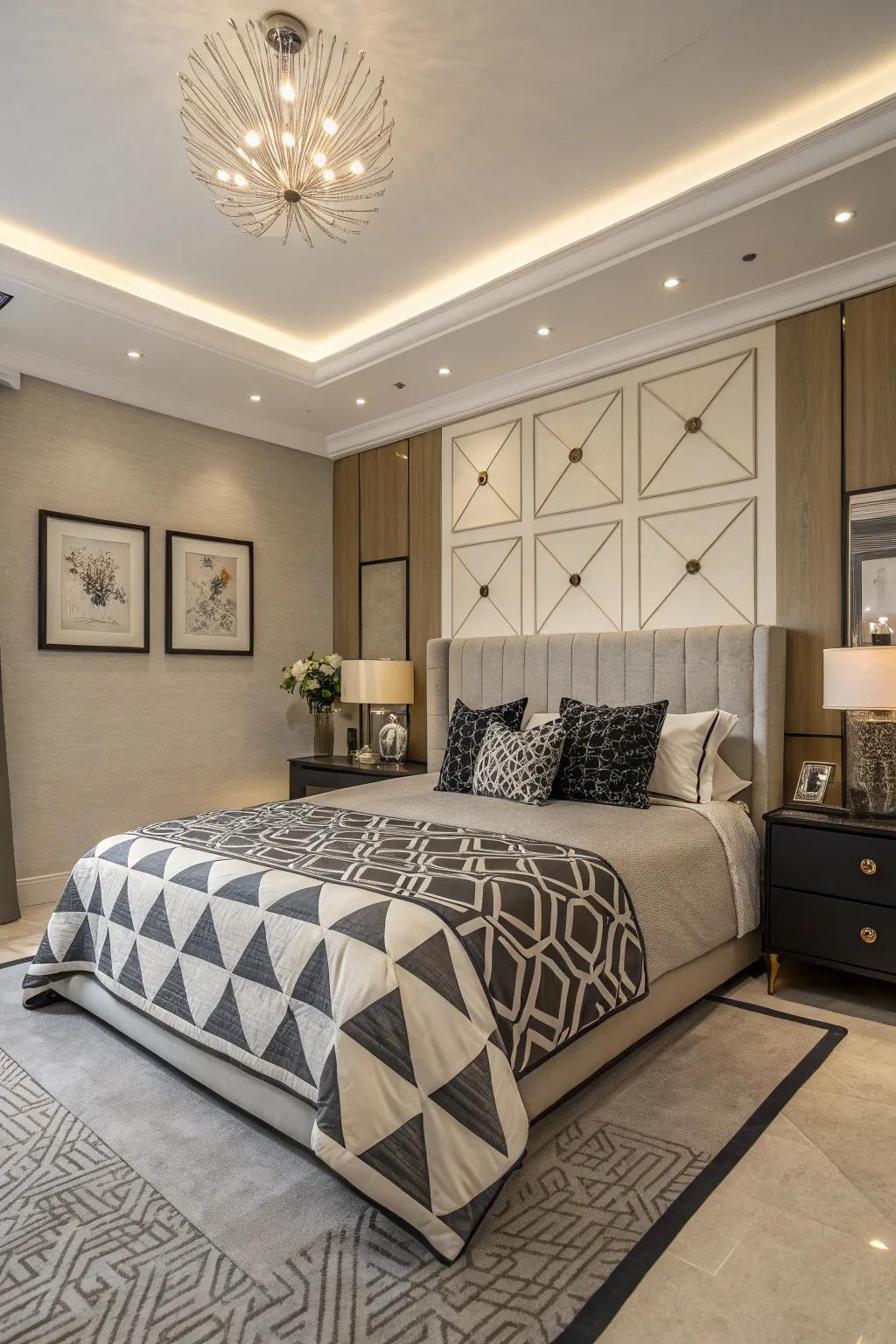 Geometric patterns bring a modern edge to this bedroom.