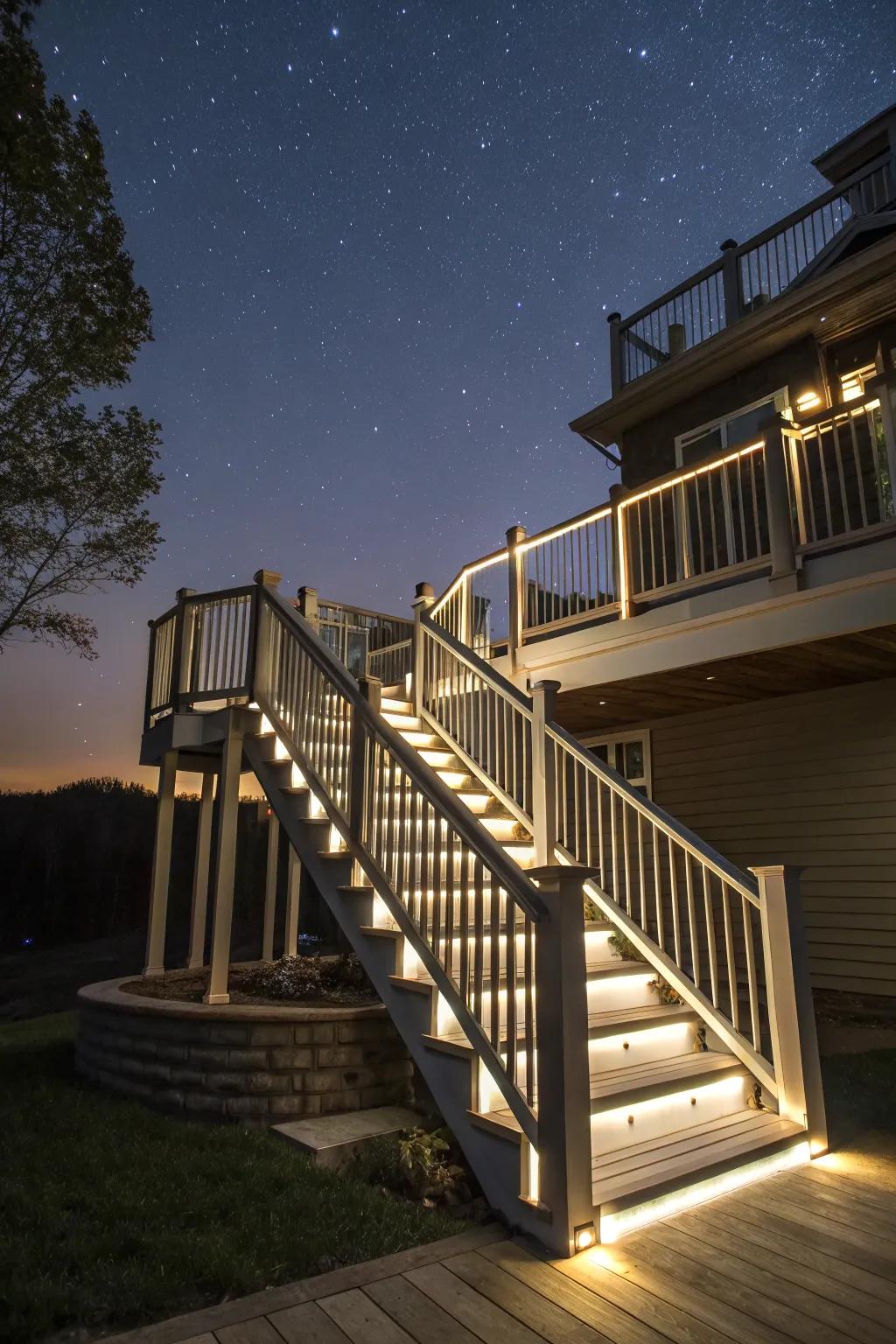 A well-lit deck that creates a captivating nighttime atmosphere.