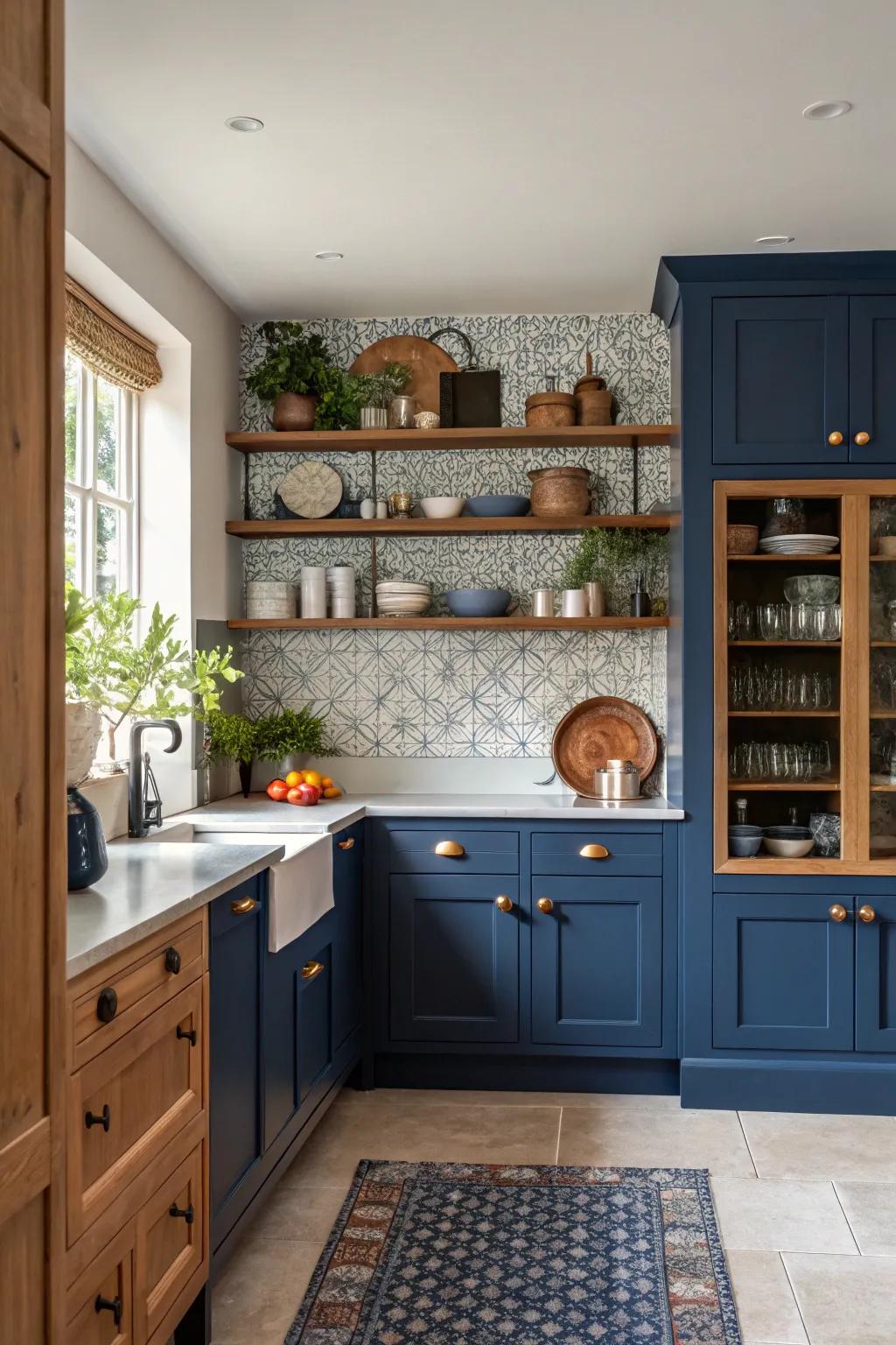 A navy blue feature wall adds depth and a focal point to kitchen designs.