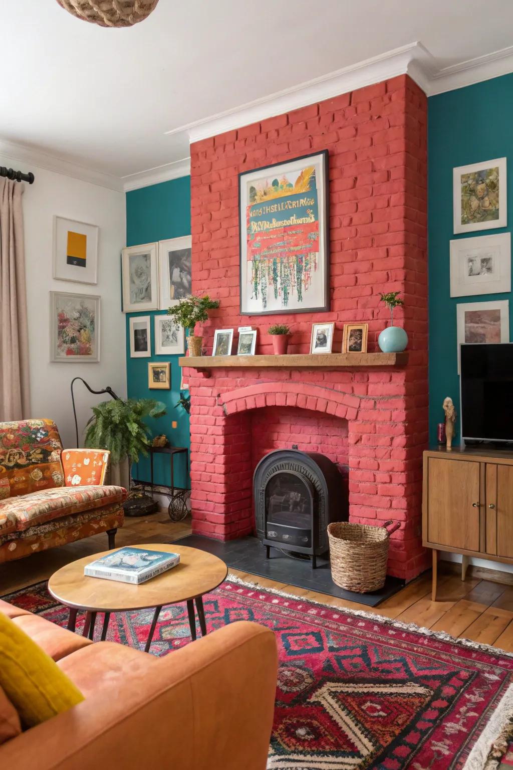 Bold colors on a painted brick fireplace energize the space.