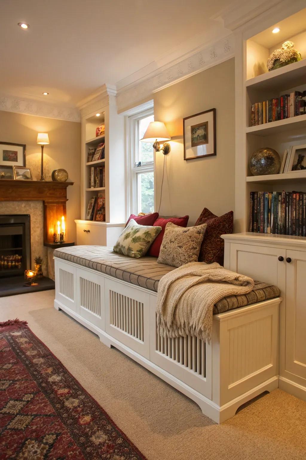 A radiator shield that doubles as a comfortable bench.