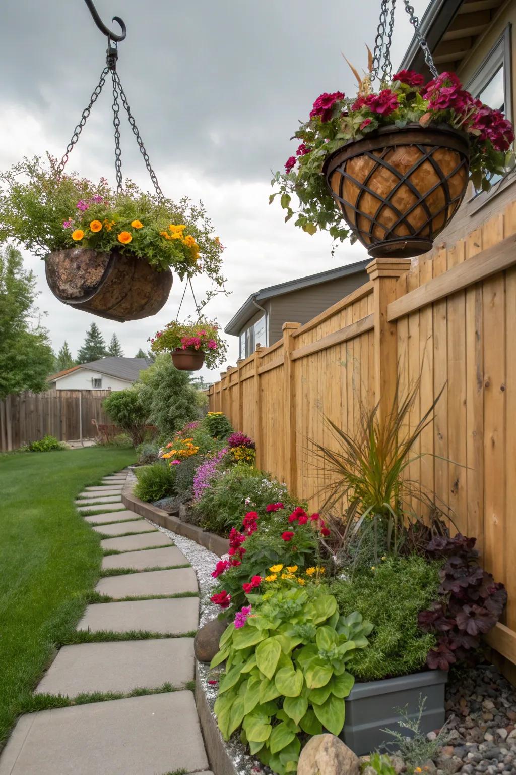 Hanging planters maximize space and add color.