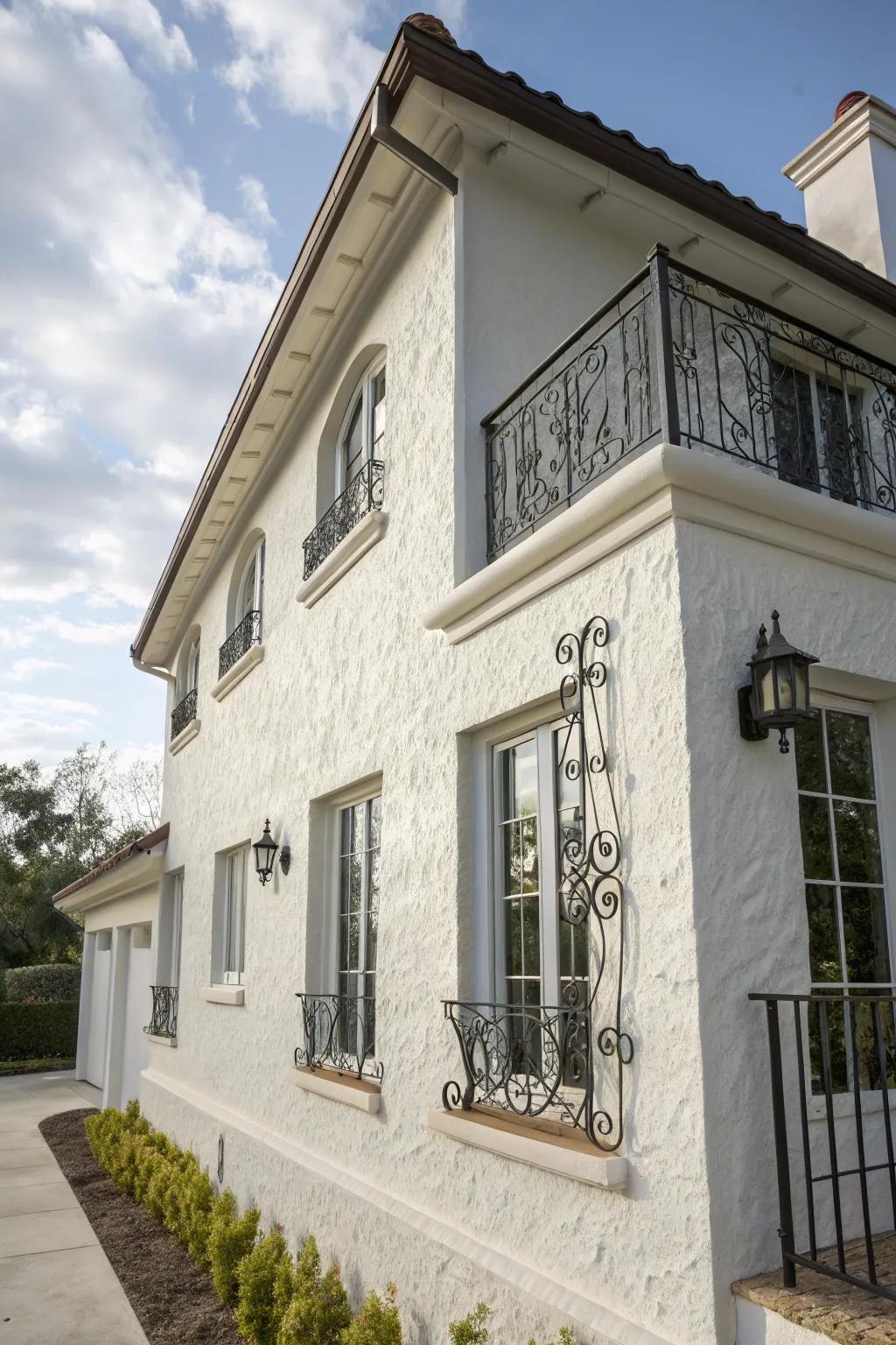 A contemporary white stucco residence with stylish metal accents.
